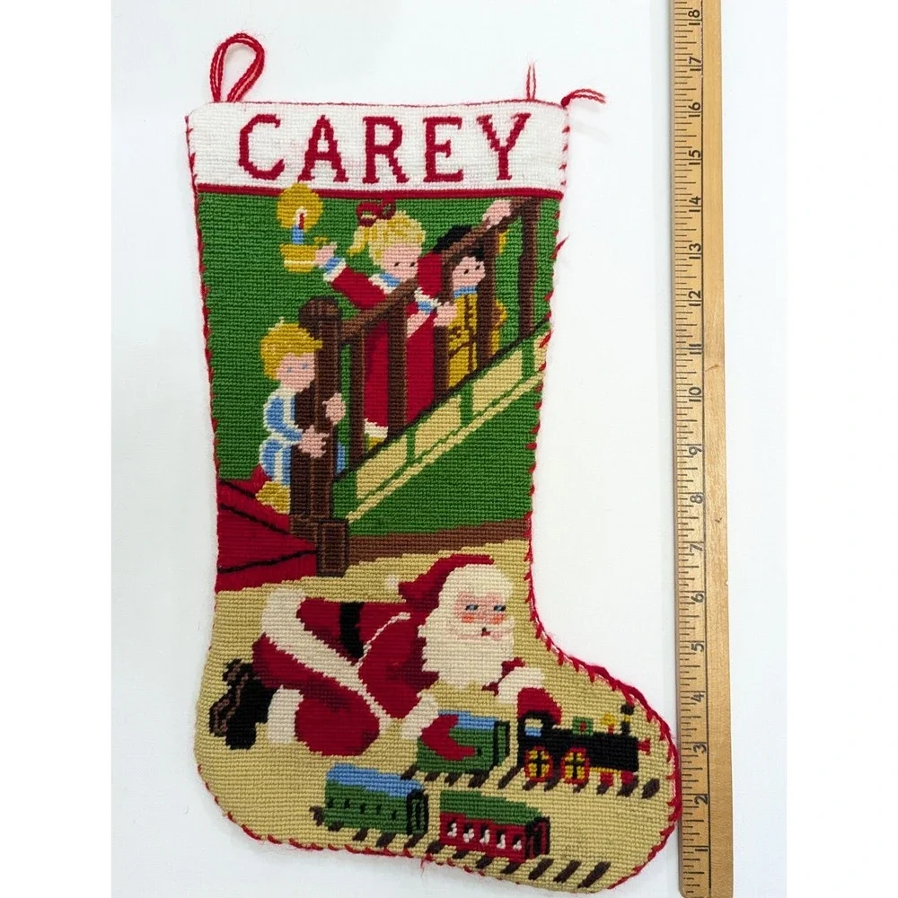 Vintage Needlepoint Stocking Santa Train Kids Stairs Quality Handmade w/Name